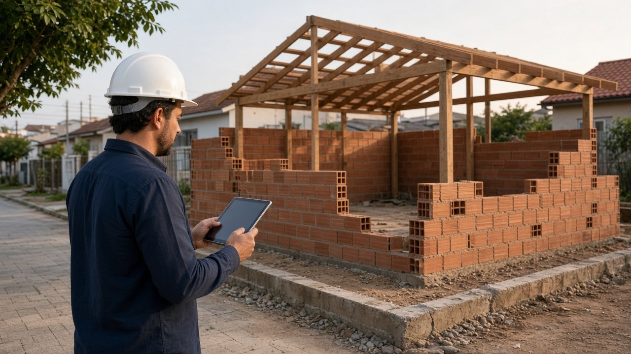 Casa em construção e responsável técnico ao lado da obra